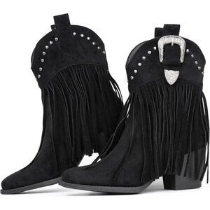 🆕Hawkwell Women Black Fringe Cowgirl Snip Toe Pull Dress Western Ankle Booties